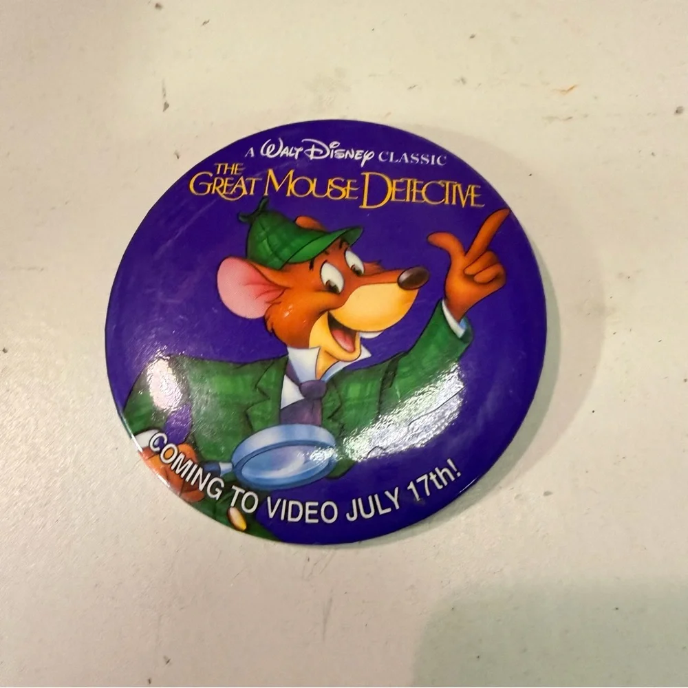 Disney The Great Mouse Detective Promo Button Pin Coming to Video July 17th 3”